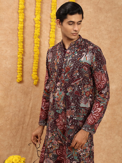 Sanwara Men's Purple Georgette Sequins With Heritage Embroidered Work Vintage kurtas