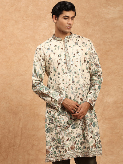 Sanwara Green Printed With Sequins Detailing Work Designer Kurta For Men's