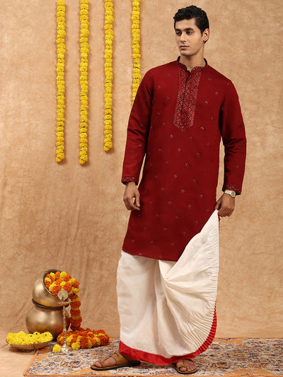 Sanwara Silk Chikankari Maroon Kurta Set Detailed With Sequins Work
