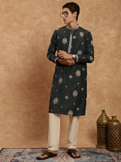 Men's Stylish Grey Trendy Embroidered Silk Kurta Set by Sanwara