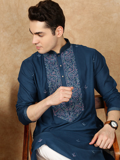 Sanwara Men’s Blue Front Katha Stitch Work Cotton Kurta