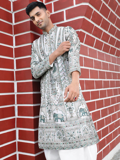 Sanwara Men's Green Georgette Sequins With Heritage Embroidered Work Vintage kurtas