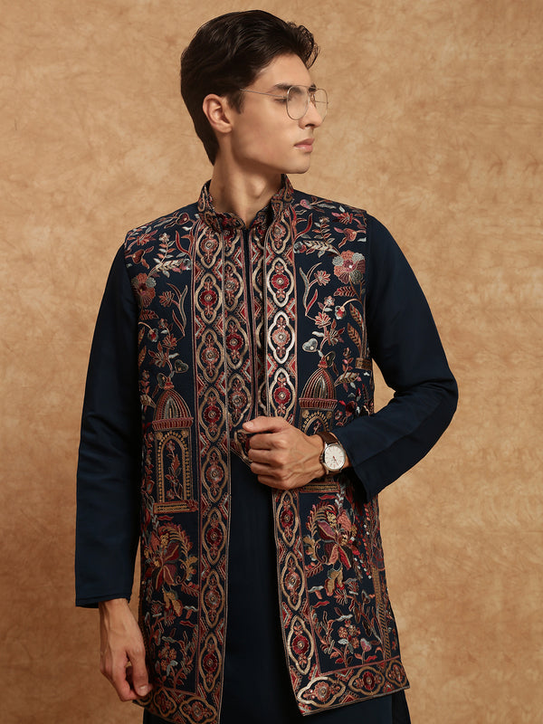 Sanwara Men's Solid Navy Blue Kurta and Floral Jacket Set Designed for the Modern Look