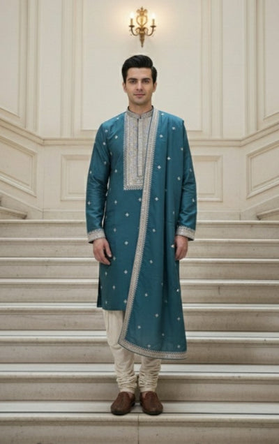 Sanwara Men’s Solid Colour Kurta Set with Embroidered Highlights and Stylish Elegance