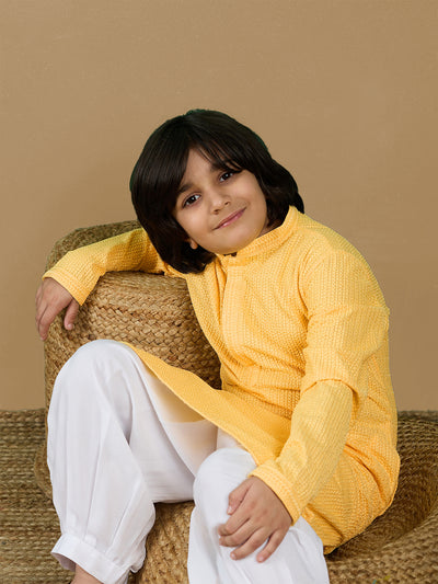 Dapper & Dazzling Boys Solid Light Yellow Chikankari Party Wear Cotton Kurta By Sanwara