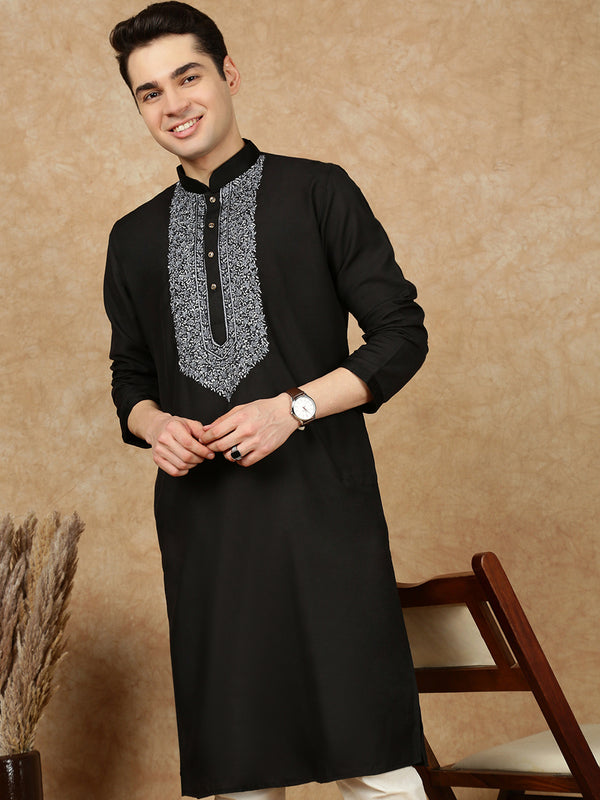 Sanwara Men’s Black Cotton Front Katha Stitch Work Kurta Set