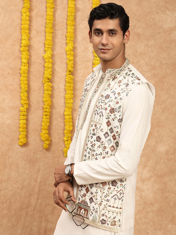Sanwara Men's Solid Off White Kurta with Floral Jacket Set and Pant to elevate your modern style