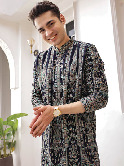 Sanwara Men's Black Georgette Sequins With Heritage Embroidered Work Vintage kurtas