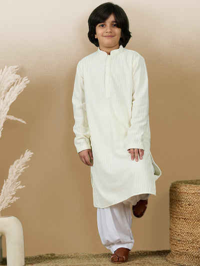 Dapper & Dazzling Boys Solid Off White Chikankari Party Wear Cotton Kurta Set By Sanwara