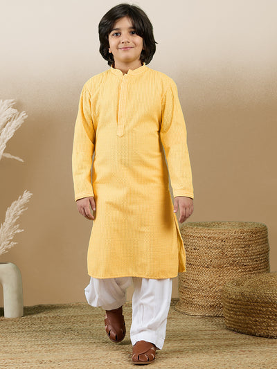 Dapper & Dazzling Boys Solid Light Yellow Chikankari Party Wear Cotton Kurta Set By Sanwara