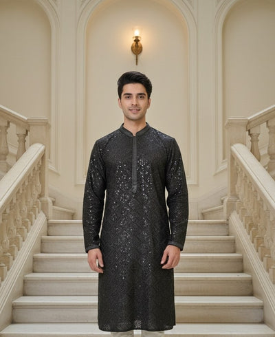 Sanwara Men's Black Solid Kurta with Heavy Sequins Work A Bold Fusion of Floral Splendor