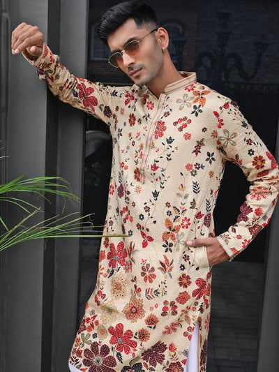 Sanwara Brings a Lavish Silk Beige Mens Kurta Richly Sequins and Printed Work