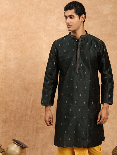 Sanwara Men’s Deep Green Woven Designer Jaquard Kurta