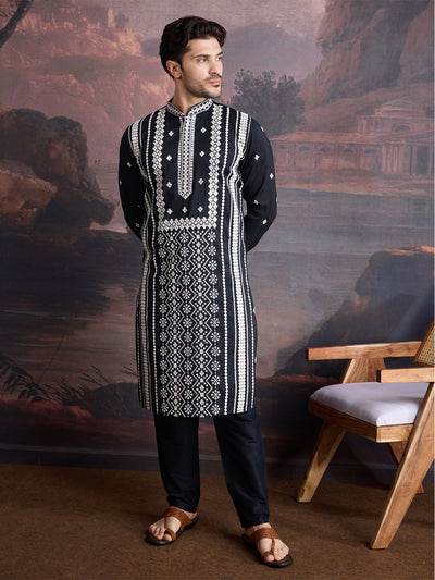 Men's Premium Cotton Embroidered Sequinned Kurta Set in Black