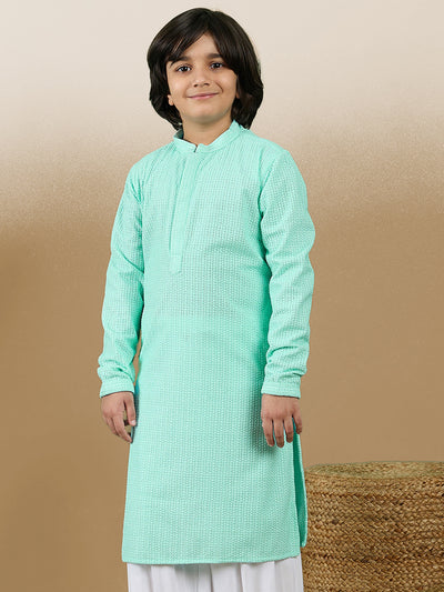 Dapper & Dazzling Boys Solid Sea Green Chikankari Party Wear Cotton Kurta By Sanwara