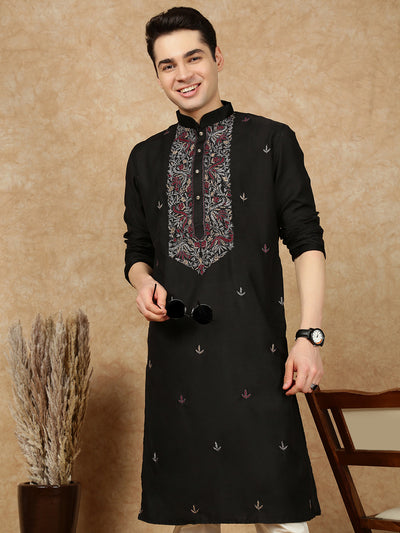 Sanwara Men’s Black Front Katha Stitch Work Cotton Kurta Set