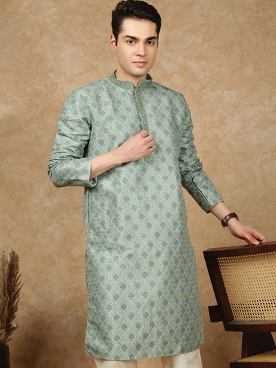 Sanwara Parrot Green Men’s Jaquard Floral Printed Kurta