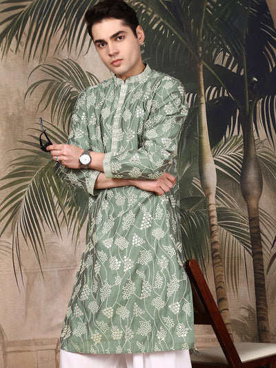 Sanwara Classic Green Kurta Set for Men with Minimalist Embroideryand Finest Sequins work,Ideal for Diwali, Navratri & Ethnic Wedding Wear