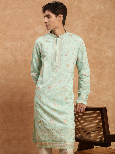 Sanwara Men's Classic Silk Sky Blue Printed With Sequins Work Kurta for Every Occasion