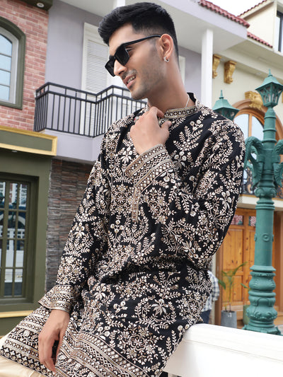 Sanwara Men's Georgette Black Vintage Embroidered Kurta with Alluring Sequin Accents.