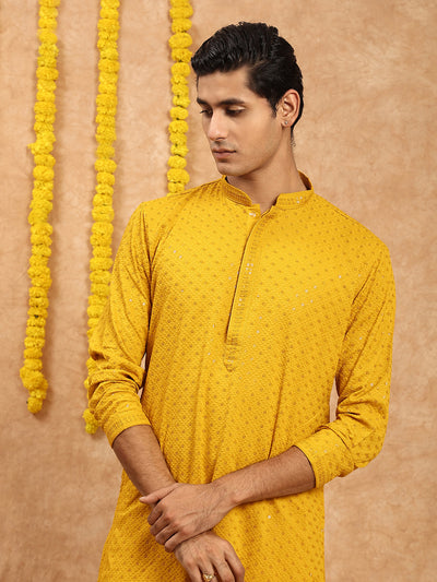 Sanwara Men's Classic Mustard Chikankari Kurta With Sequins Detailing for Every Occasion