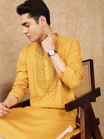 Sanwara Men’s Mustard Cotton Front Katha Stitch Work Kurta