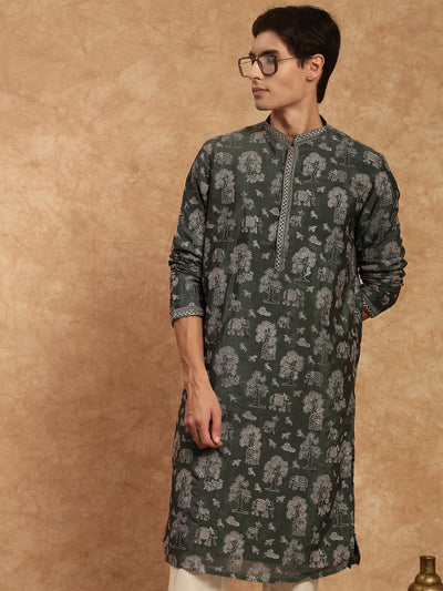 Men's Heritage Thread Work Deep Green Embroidered Kurta Set In Silk by Sanwara