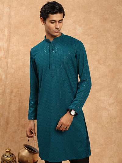 Sanwara Men's Classic Firozi Chikankari Kurta With Sequins Detailing for Every Occasion