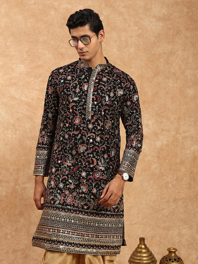 Sanwara Men's Georgette Black Sequins Work Heritage Embroidered Vintage kurtas