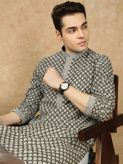 Sanwara Premium Silk Blend Embroidered Olive Green Kurta for Men