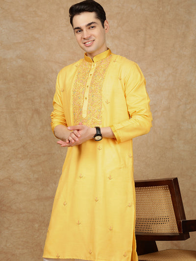 Sanwara Men’s Yellow Front Katha Stitch Work Cotton Kurta