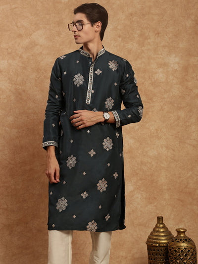 Men's Stylish Mustard Trendy Embroidered Silk Kurta by Sanwara