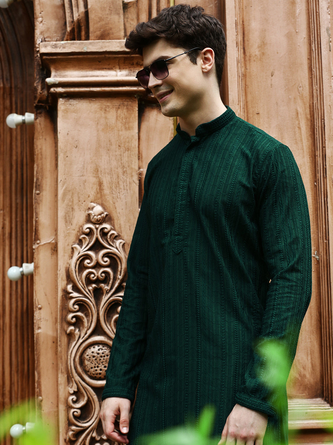 Sanwara Men's Solid Deep Green Chikankari Designer Cotton Kurta
