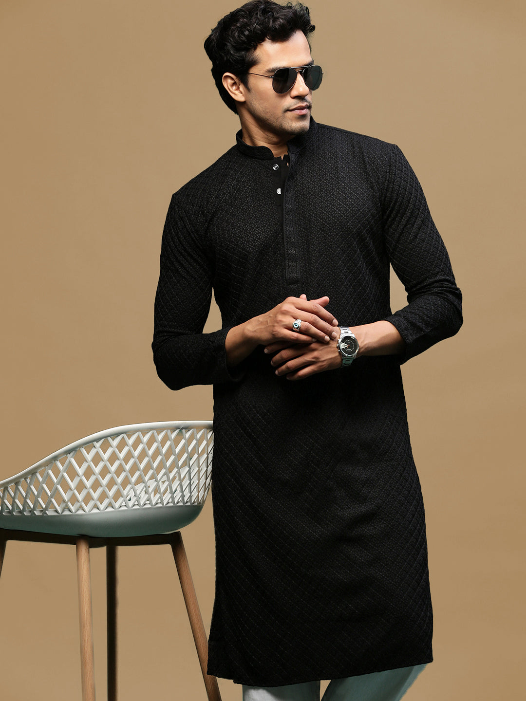 Men's Designer Solid Black Chikankari Kurta - Main Image