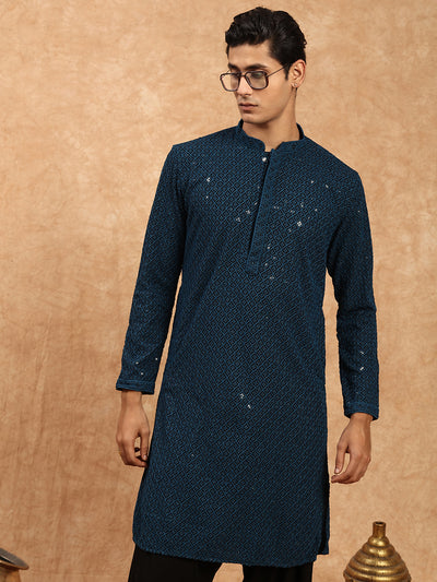 Sanwara Premium Rayon Stylish Chikankari Firozi Kurta for Men
