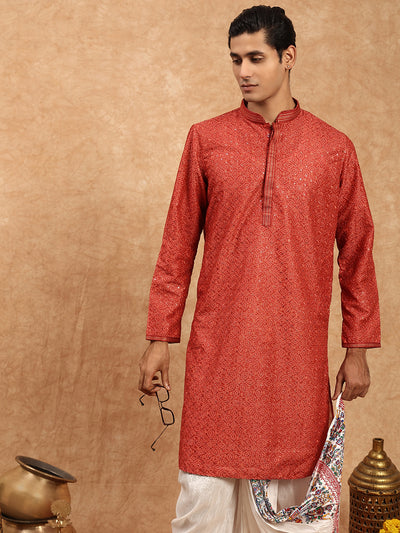 Sanwara Red Bandhej Print With Sequins Detailing Work Designer Diwali Festive Wear Kurta For Men's