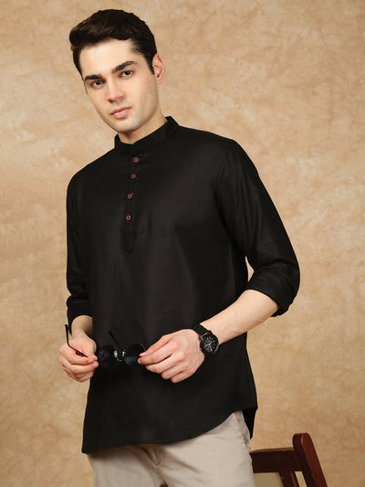 Sanwara Men’s Black Short Kurta in Cotton Featuring