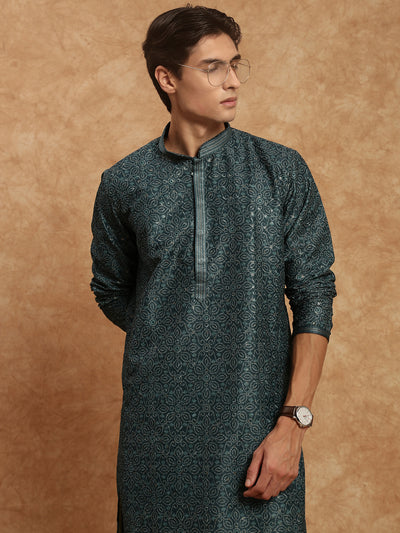 Sanwara Firozi Bandhej Print With Sequins Detailing Work Designer Diwali Festive Wear Kurta For Men