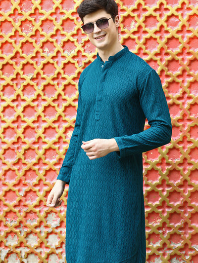 Men's Solid Firozi Chikankari Designer Cotton Kurta by Sanwara