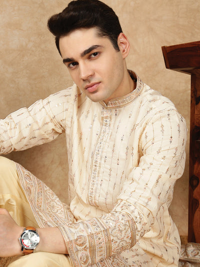 Sanwara Men’s Festive Beige Kurta Set with Silk Seuins Highlights