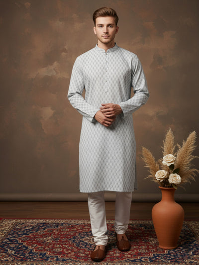 Sanwara Classic Cotton Blue Floral Printed Kurta for Men