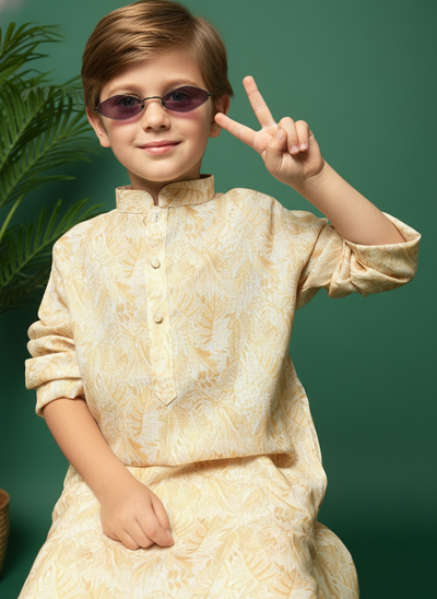 Sanwara Premium Cotton Light Yellow Printed Kurta Set