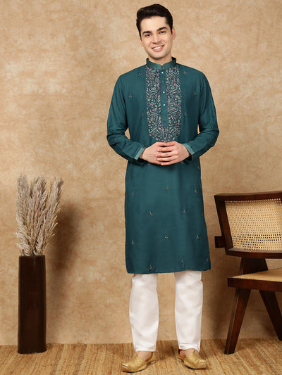 Sanwara Men’s Firozi Front Katha Stitch Work Cotton Kurta Set