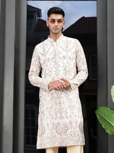 Sanwara Men's White Georgette Sequins With Heritage Embroidered Work Vintage kurtas