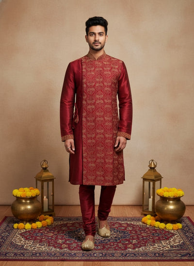 Sanwara Premium Kolkata Thread Work Jacquard Ethnic Touch Red Kurta for Men