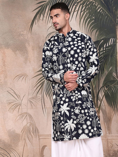 Unleash Your Style With Men's Deep Blue Chikankari Traditional Kurta by Sanwara