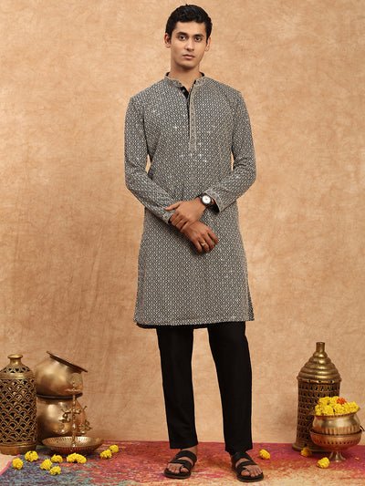 Sanwara Premium Rayon Stylish Chikankari Grey Kurta Set for Men