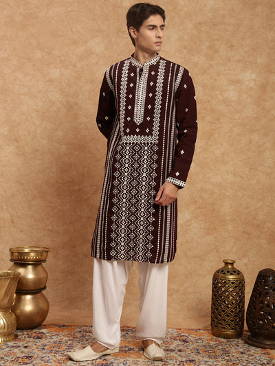 Sanwara Maroon Elegance Men's Chikankari Work Kurta Set