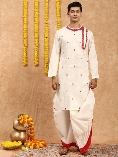Sanwara Men's Kolkata Hand Work Cotton Heritage Vingate Couture Kurta Set In Red & White