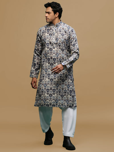Men's Stylish Grey Trendy Printed Cotton Kurta & Patiala Salwar Set